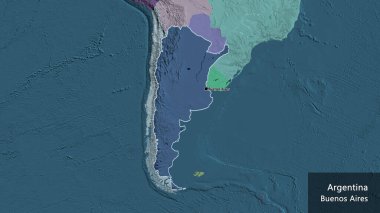 Arjantin sınır bölgesinin yakın çekimleri idari haritada koyu bir örtüyle vurgulanıyor. Ana nokta. Ülke çapında bir taslak oluşturun. Ülkenin ve başkentinin İngilizce adı