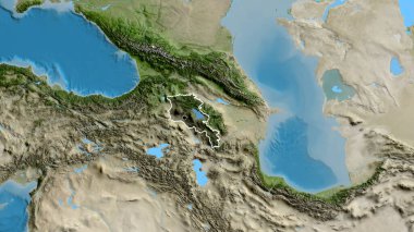Ermenistan sınır bölgesinin yakın çekimleri uydu haritasında koyu bir örtüyle vurgulanıyor. Ana nokta. Ülke şekli etrafında özet geç. 