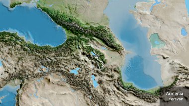 Ermenistan sınır bölgesinin uydu haritasında yakın plan fotoğrafı. Ana nokta. Ülke çapında bir taslak oluşturun. Ülkenin ve başkentinin İngilizce adı