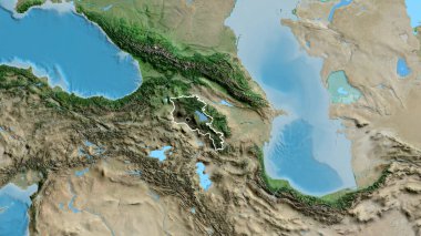 Ermenistan sınır bölgesinin yakın çekimleri uydu haritasında koyu bir örtüyle vurgulanıyor. Ana nokta. Ülke şekli etrafında özet geç. 