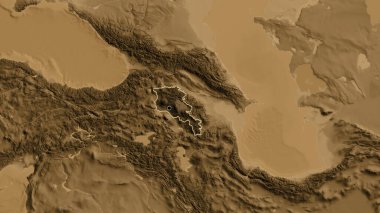 Ermenistan sınır bölgesinin yakınından, sepia yükseklik haritasında koyu bir örtüyle vurgulanıyor. Ana nokta. Ülke şekli etrafında özet geç. 