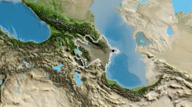 Azerbaycan sınır bölgesinin uydu haritasında koyu bir örtüyle işaretlenmiş yakın çekimi. Ana nokta. Ülke çapında parıltı. 