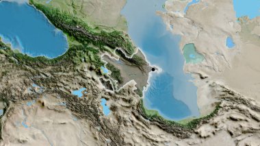 Azerbaycan sınır bölgesinin uydu haritasında koyu bir örtüyle işaretlenmiş yakın çekimi. Ana nokta. Ülke çapında parıltı. 