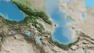Azerbaycan sınır bölgesinin ve bölgesel sınırlarının uydu haritasına yakın çekim. Ana nokta. Ülke şekli etrafında özet geç. 