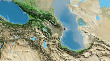 Azerbaycan sınır bölgesinin uydu haritasında koyu bir örtüyle işaretlenmiş yakın çekimi. Ana nokta. Ülke şekli etrafında özet geç. 