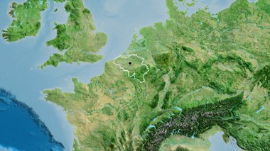 Belçika 'nın sınır bölgesinin uydu haritasında yakın plan görüntüsü. Ana nokta. Ülke şekli etrafında özet geç. 