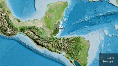 Belize sınır bölgesinin yakın çekimleri, uydu haritasında koyu bir örtüyle vurgulanıyor. Ana nokta. Ülke çapında bir taslak oluşturun. Ülkenin ve başkentinin İngilizce adı