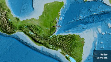Belize sınır bölgesinin uydu haritasında yakın plan görüntüsü. Ana nokta. Kırsal kesimin kıvrımlı kenarları. Ülkenin ve başkentinin İngilizce adı