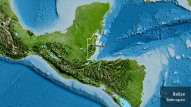 Belize sınır bölgesinin ve bölgesel sınırlarının uydu haritasına yakın plan. Ana nokta. Ülke çapında bir taslak oluşturun. Ülkenin ve başkentinin İngilizce adı