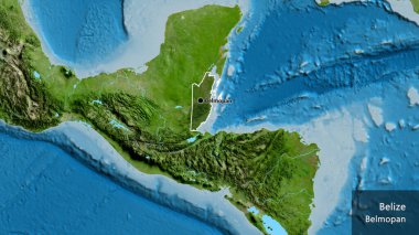 Belize sınır bölgesinin yakın çekimleri, uydu haritasında koyu bir örtüyle vurgulanıyor. Ana nokta. Ülke çapında bir taslak oluşturun. Ülkenin ve başkentinin İngilizce adı