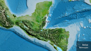 Belize sınır bölgesinin yakın çekimleri, uydu haritasında koyu bir örtüyle vurgulanıyor. Ana nokta. Ülke çapında bir taslak oluşturun. Ülkenin ve başkentinin İngilizce adı