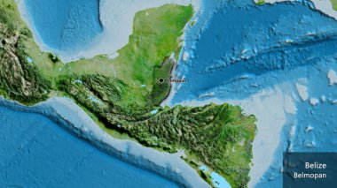 Belize sınır bölgesinin yakın çekimleri, uydu haritasında koyu bir örtüyle vurgulanıyor. Ana nokta. Kırsal kesimin kıvrımlı kenarları. Ülkenin ve başkentinin İngilizce adı