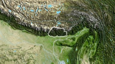 Butan sınır bölgesinin uydu haritasında koyu bir örtüyle işaretlenmiş yakın çekimi. Ana nokta. Ülke çapında parıltı. 
