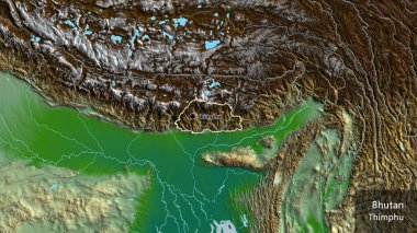 Bhutan sınır bölgesinin fiziksel bir haritada yakın çekimi. Ana nokta. Ülke çapında bir taslak oluşturun. Ülkenin ve başkentinin İngilizce adı