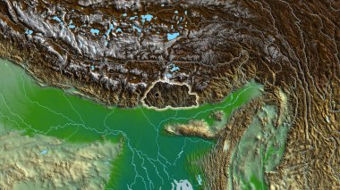 Bhutan sınır bölgesinin fiziksel bir haritada koyu bir örtüyle ışıklandırılması. Ana nokta. Ülke çapında parıltı. 