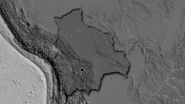 Bolivya sınır bölgesinin yakın planında bilek haritasının üzerinde koyu bir kaplama var. Ana nokta. Ülkenin kıvrımlı kenarları. 