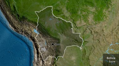 Bolivya sınır bölgesinin yakın planında uydu haritasında koyu bir kaplama var. Ana nokta. Ülke çapında bir taslak oluşturun. Ülkenin ve başkentinin İngilizce adı