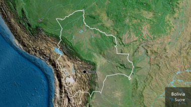 Bolivya sınır bölgesinin uydu haritasında yakın plan görüntüsü. Ana nokta. Ülke çapında bir taslak oluşturun. Ülkenin ve başkentinin İngilizce adı