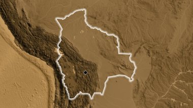 Bolivya sınır bölgesinin yakınındaki sepya yüksekliği haritasında. Ana nokta. Ülke çapında parıltı. 