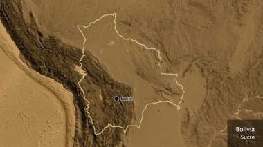 Bolivya sınır bölgesinin yakınındaki sepya yüksekliği haritasında. Ana nokta. Ülke çapında bir taslak oluşturun. Ülkenin ve başkentinin İngilizce adı