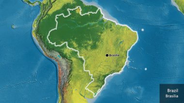 Bir topoğrafik haritada Brezilya sınır bölgesinin yakın çekimleri. Ana nokta. Ülke çapında parıldıyor. Ülkenin ve başkentinin İngilizce adı