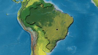 Brezilya sınır bölgesinin yakın çekimleri, topoğrafik haritada koyu bir örtüyle vurgulanıyor. Ana nokta. Ülkenin kıvrımlı kenarları. 