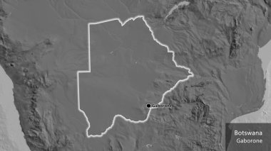 Botswana sınır bölgesinin yakın plan haritası. Ana nokta. Ülke çapında parıldıyor. Ülkenin ve başkentinin İngilizce adı