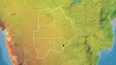 Botswana sınır bölgesinin ve onun bölgesel sınırlarının bir topoğrafik haritada yakın çekimleri. Ana nokta. Ülke şekli etrafında özet geç. 