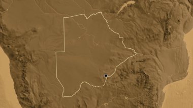 Botswana sınır bölgesinin yakınındaki sepya yüksekliği haritasında. Ana nokta. Ülke şekli etrafında özet geç. 