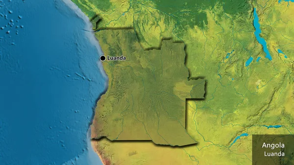 安哥拉边境地区的特写镜头 用地形图上的黑暗阴影突出显示 资本点 这个国家的边缘呈斜角状 国家及其首都的英文名称 — 图库照片