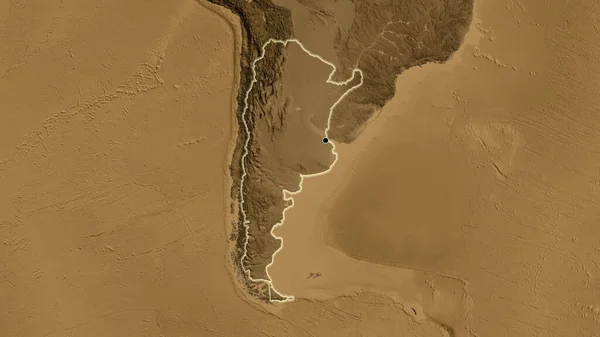 Close Área Fronteira Argentina Mapa Elevação Sépia Ponto Capital Brilho — Fotografia de Stock
