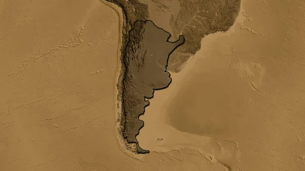 アルゼンチンの国境地帯のクローズアップは セピアの標高地図上の暗いオーバーレイで強調しています 資本ポイント 国の形の縁が隠されている — ストック写真