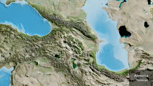 在卫星地图上对亚美尼亚边境地区进行的密切监视 资本点 风靡全国各地 国家及其首都的英文名称 — 图库照片