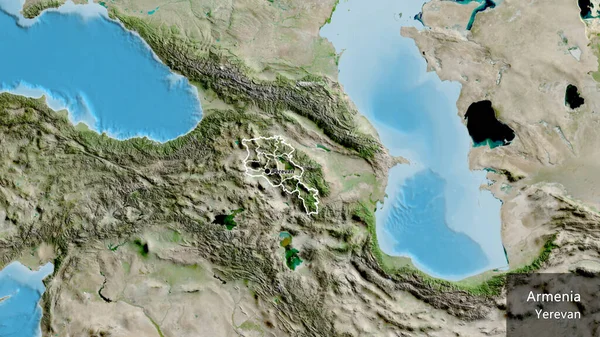 利用卫星地图对亚美尼亚边境地区及其区域边界进行密切监视 资本点 概略地描述一下国家的面貌 国家及其首都的英文名称 — 图库照片