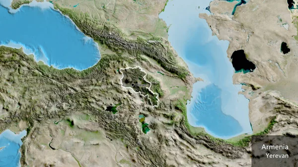 亚美尼亚边境地区的特写镜头 用卫星地图上的黑暗阴影突出显示 资本点 风靡全国各地 国家及其首都的英文名称 — 图库照片