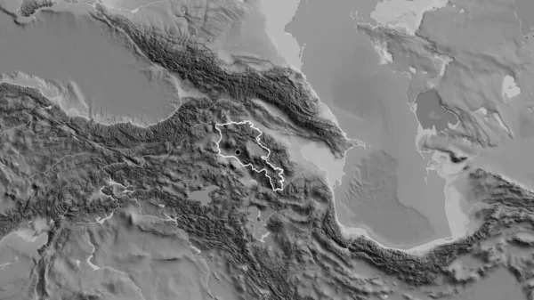 在灰色比例尺地图上对亚美尼亚边境地区进行的密切监视 资本点 国家形貌概述 — 图库照片