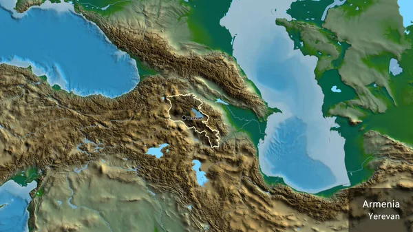 Ermenistan sınır bölgesinin yakın çekimleri fiziksel bir harita üzerinde koyu bir örtüyle vurgulanıyor. Ana nokta. Ülke çapında bir taslak oluşturun. Ülkenin ve başkentinin İngilizce adı