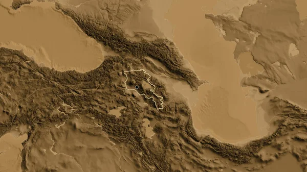 在一张黑色高地地图上对亚美尼亚边境地区进行的密切监视 资本点 国家形貌概述 — 图库照片