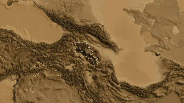Ermenistan Sınır Bölgesinin Yakınından Sepia Yükseklik Haritasında Koyu Bir Örtüyle — Stok fotoğraf