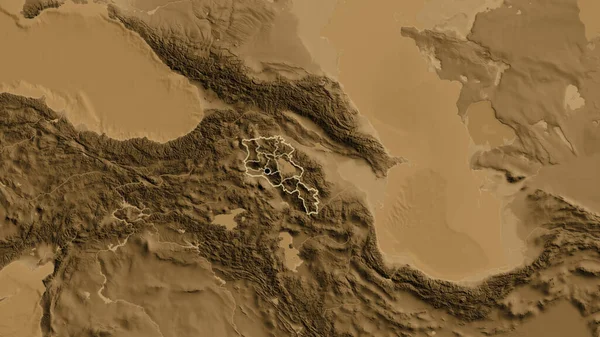 亚美尼亚边境地区及其区域边界在隔油层高地地图上的近景 资本点 国家形貌概述 — 图库照片