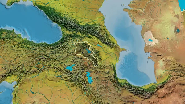 亚美尼亚边境地区的特写镜头 用地形图上的黑暗阴影突出显示 资本点 风靡全国 — 图库照片