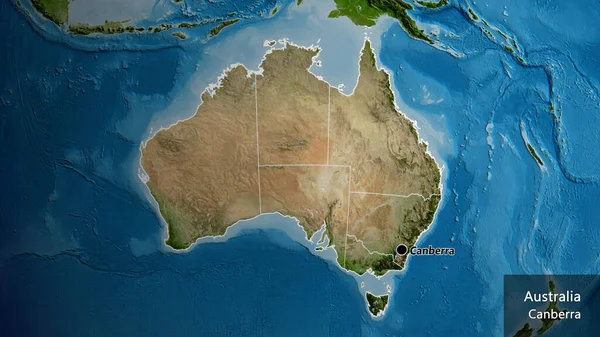 衛星地図上のオーストラリアの国境地域とその地域の境界線の閉鎖 資本ポイント 国の形の周りの概要 英名国とその首都 — ストック写真