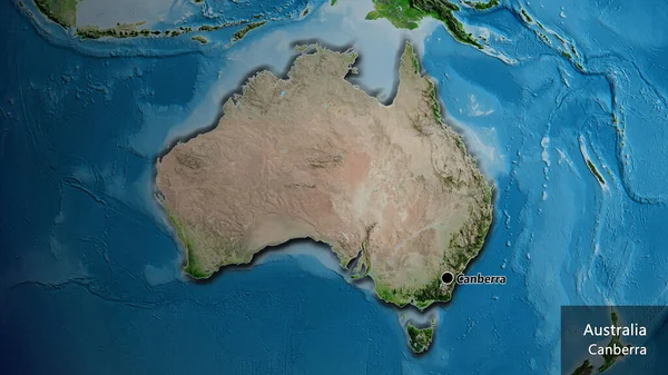卫星地图上澳大利亚边境地区的特写 资本点 这个国家的边缘呈斜角状 国家及其首都的英文名称 — 图库照片