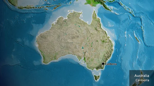 衛星地図上のオーストラリア国境地域の閉鎖 資本ポイント 国の形の周りの概要 英名国とその首都 — ストック写真