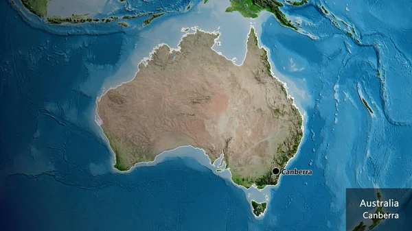 衛星地図上のオーストラリア国境地域の閉鎖 資本ポイント 国の形の周りの概要 英名国とその首都 — ストック写真