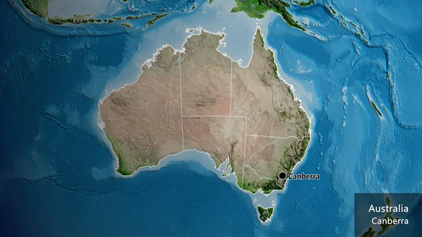 利用卫星地图对澳大利亚边境地区及其区域边界进行密切监视 资本点 概略地描述一下国家的面貌 国家及其首都的英文名称 — 图库照片