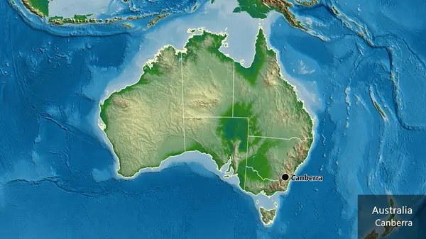 在实际地图上对澳大利亚边境地区及其区域边界进行密切监视 资本点 概略地描述一下国家的面貌 国家及其首都的英文名称 — 图库照片