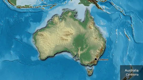 地图上的澳大利亚边境地区的特写 资本点 这个国家的边缘呈斜角状 国家及其首都的英文名称 — 图库照片