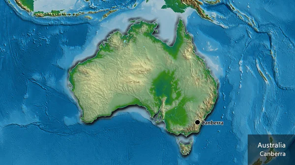 在实际地图上对澳大利亚边境地区进行的密切监视 资本点 这个国家的边缘呈斜角状 国家及其首都的英文名称 — 图库照片