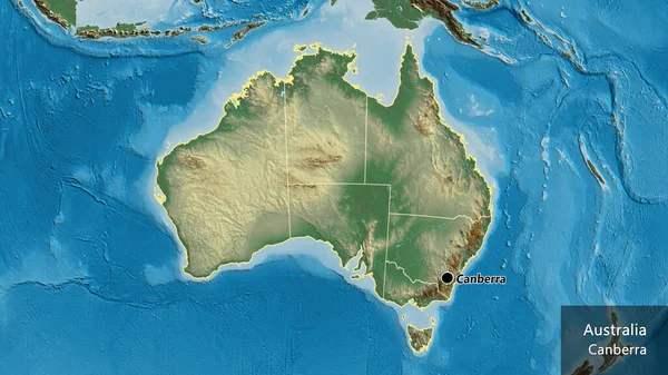 オーストラリア国境地域とその地域の国境線の閉鎖は救援地図上で行われた 資本ポイント 国の形の周りの概要 英名国とその首都 — ストック写真